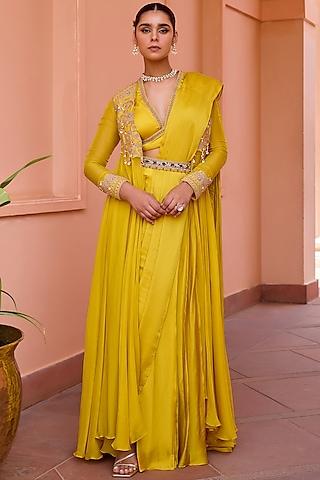yellow satin tilla embroidered & printed pre-stitched saree set