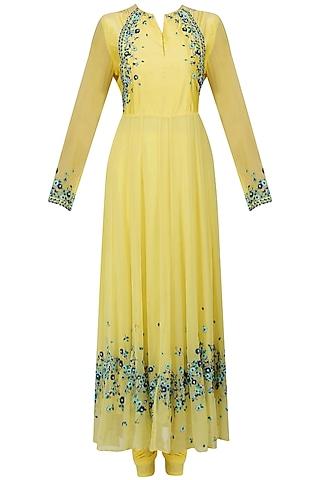 yellow scattered floral embroidered anarkali set