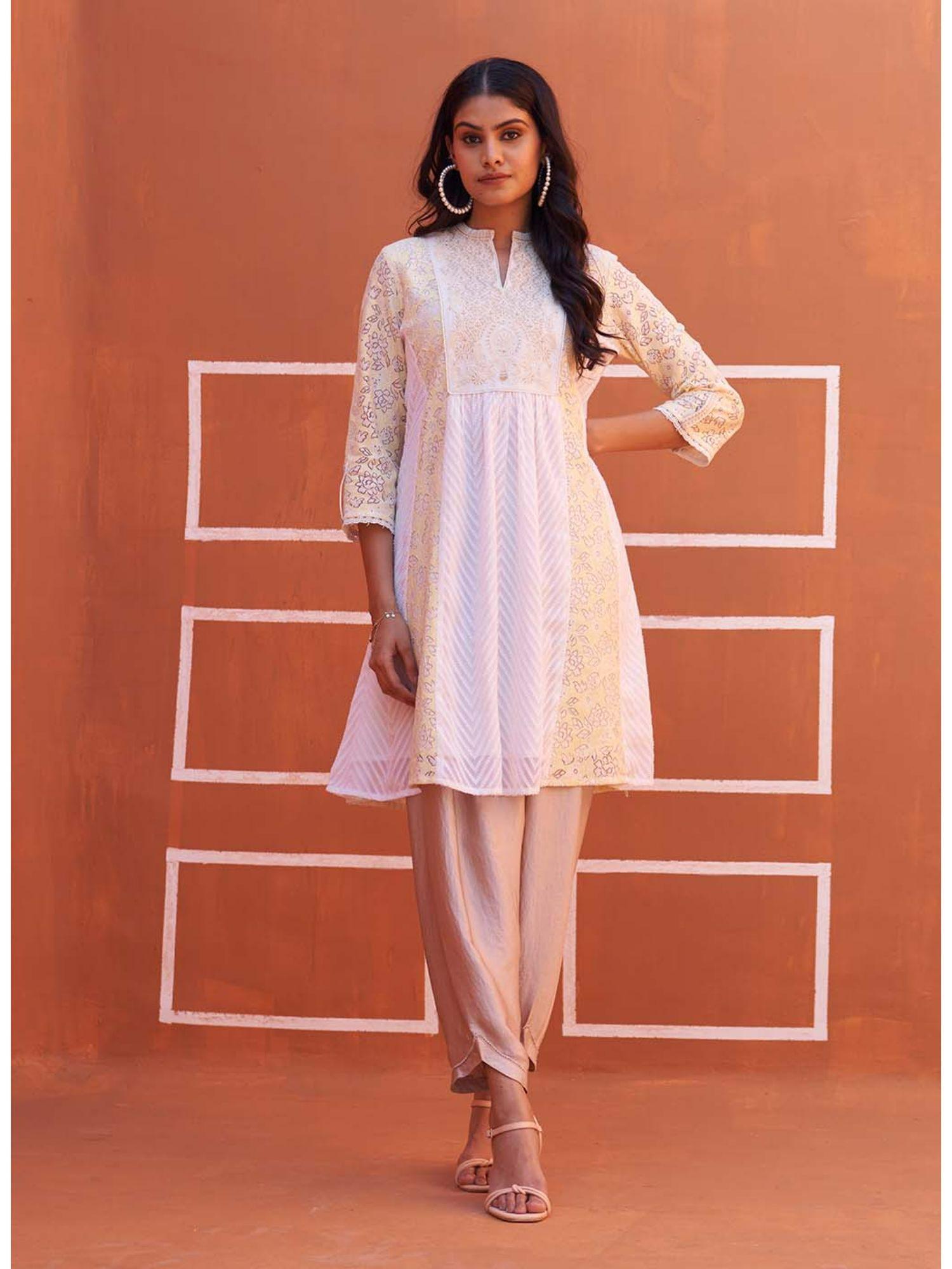 yellow schiffli a-line kurta with yoke sequins work