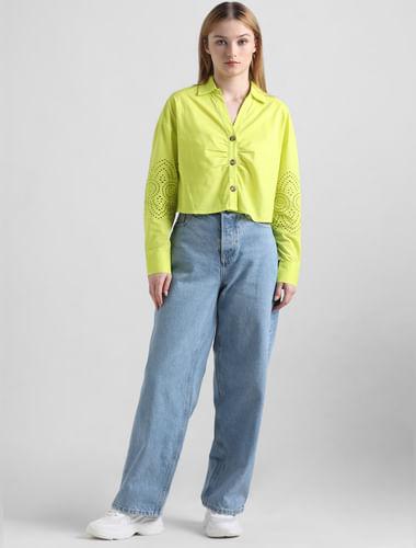 yellow schiffli detail cropped shirt