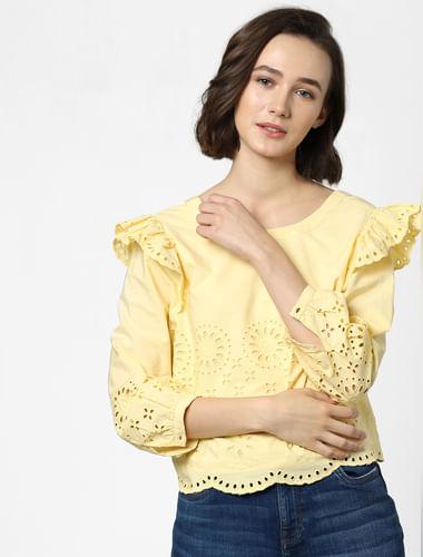 yellow schiffli embroidered top