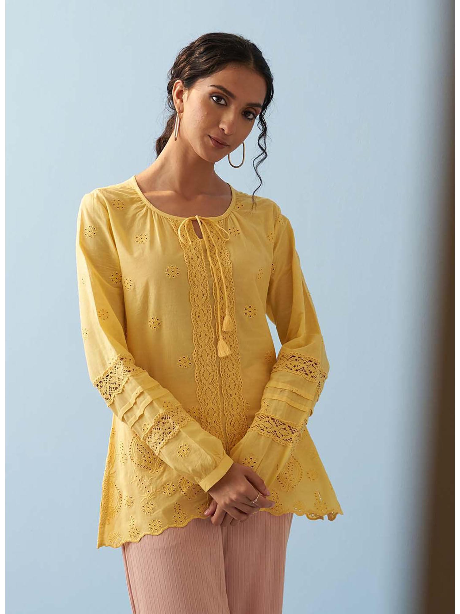 yellow schiffli embroidered tunic with lace insert