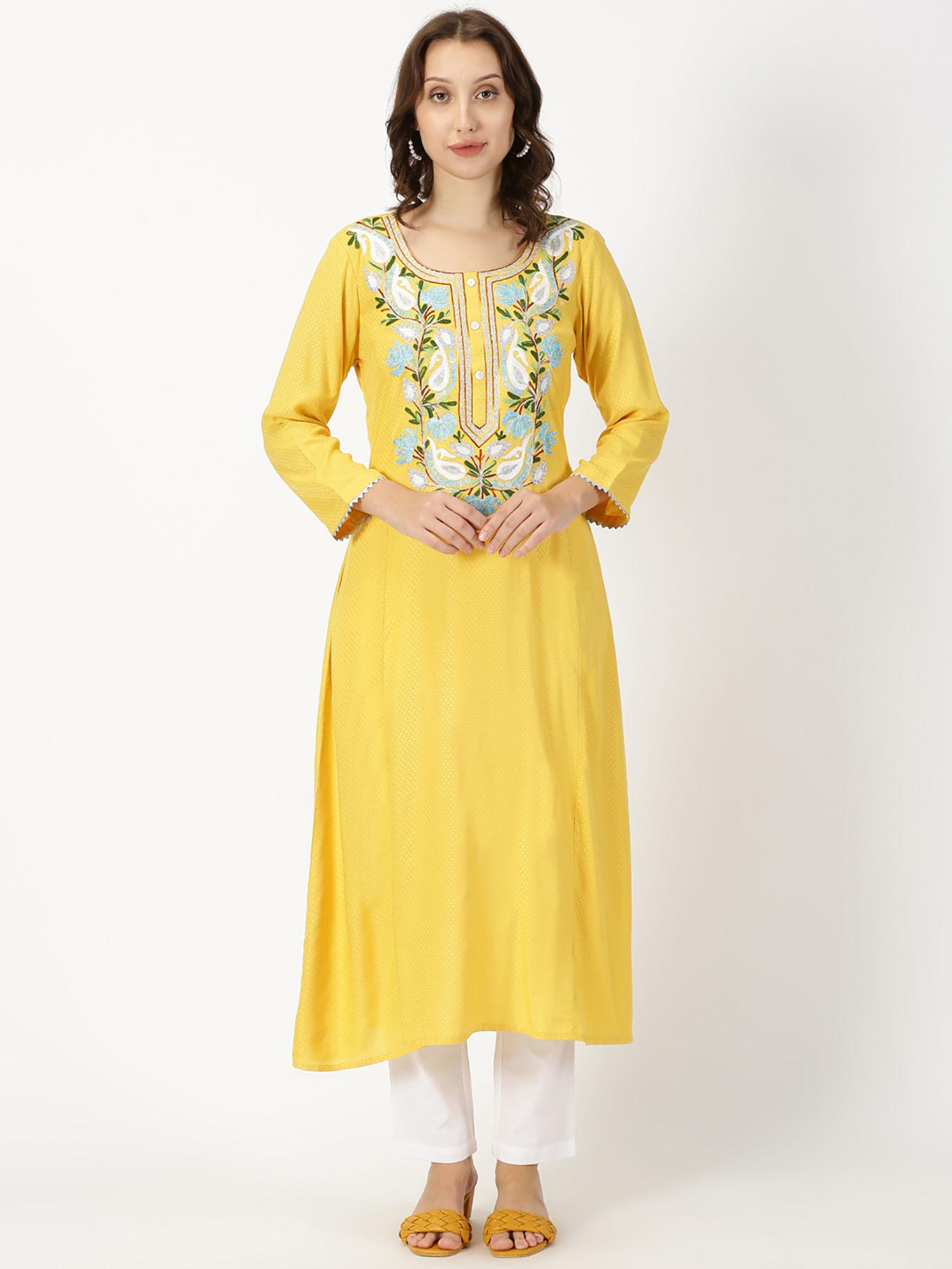 yellow self design kurta with kashida embroidery