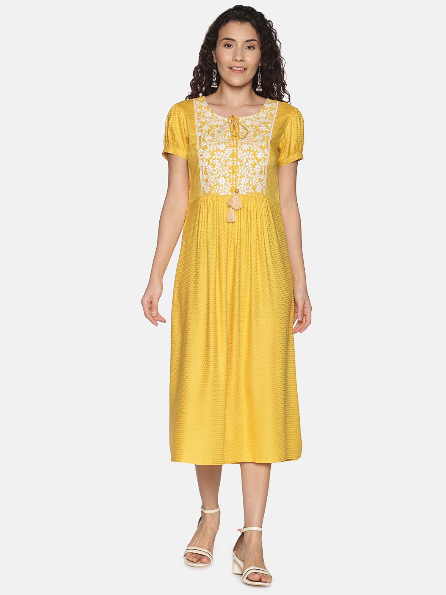 yellow self design midi dress with embroidered yoke