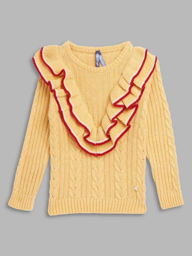 yellow self-design round neck sweater