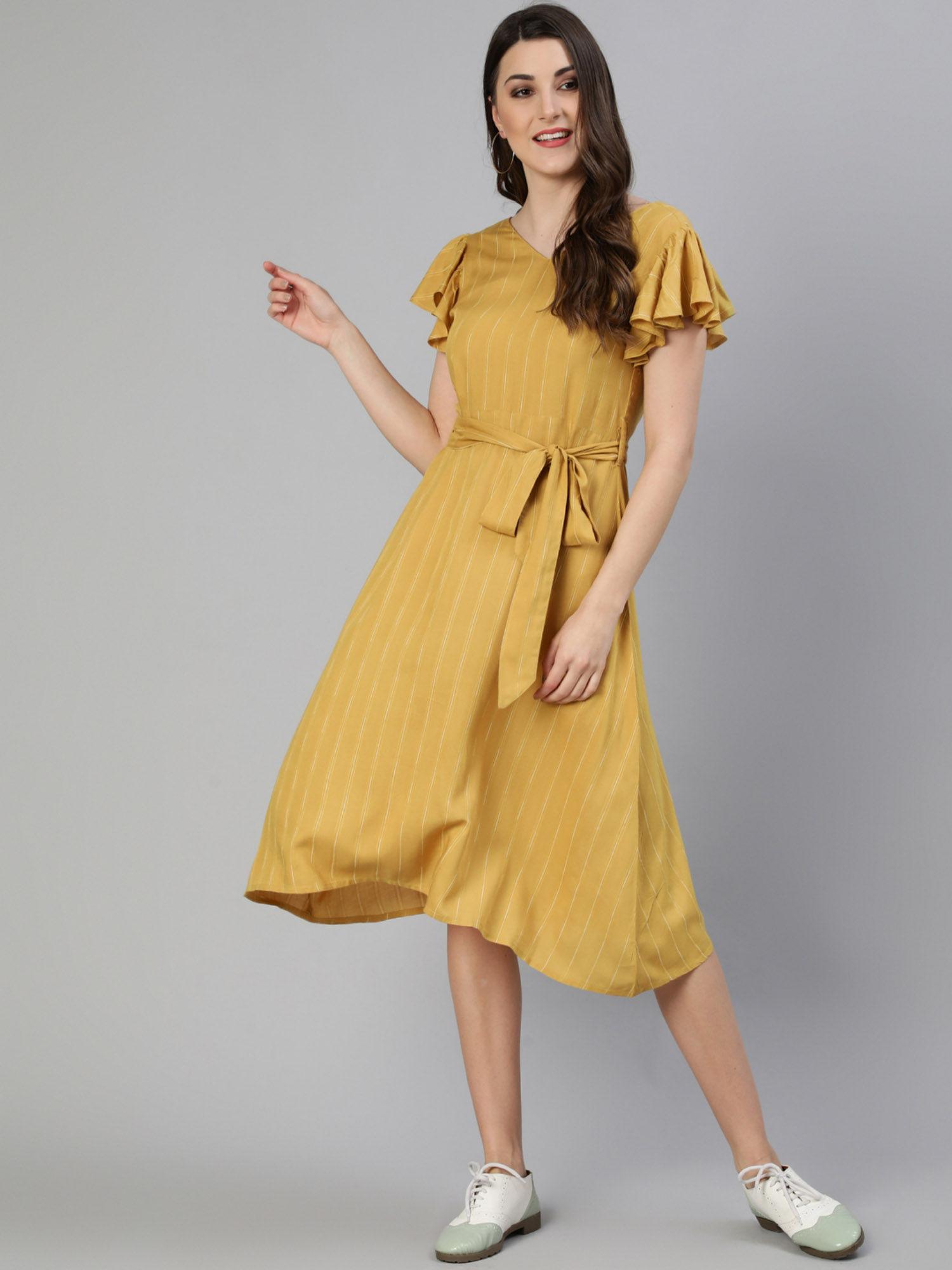 yellow self weave rayon flared dress with belt (set of 2)