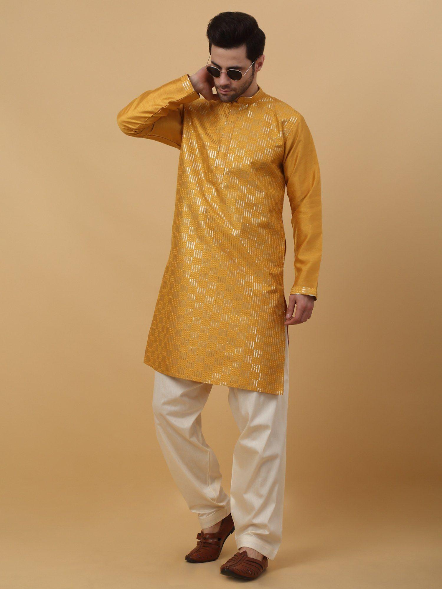 yellow sequenced cotton silk kurta with salwar (set of 2)