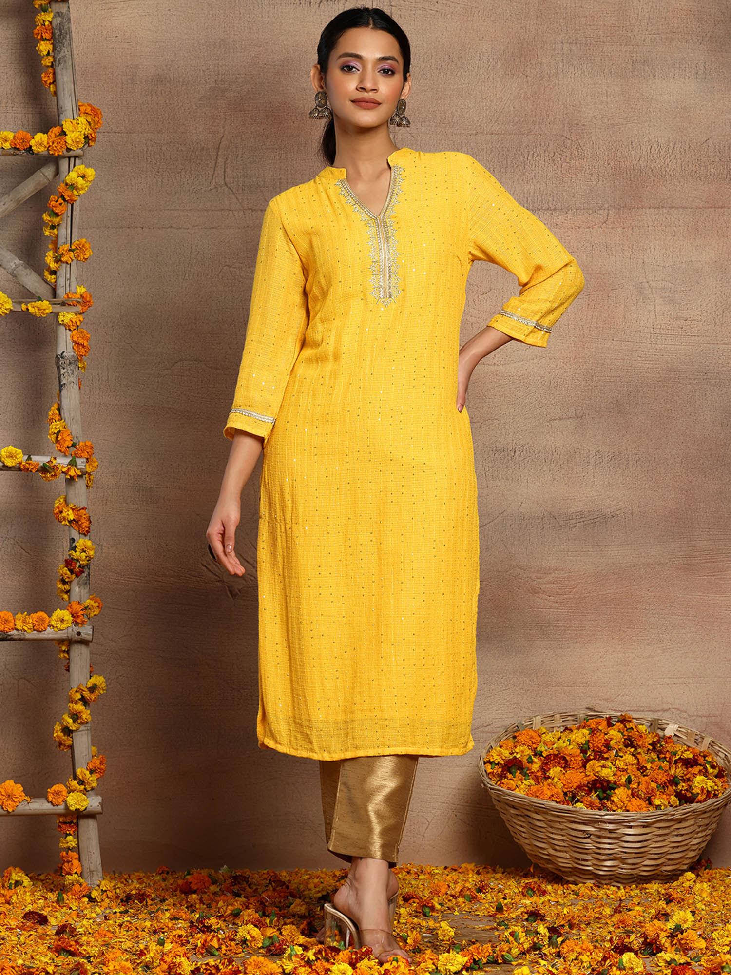 yellow sequin and thread embroidered cotton straight kurta