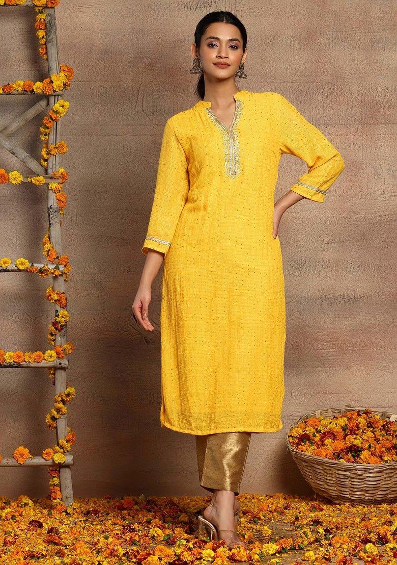 yellow sequin and thread embroidered cotton straight kurta