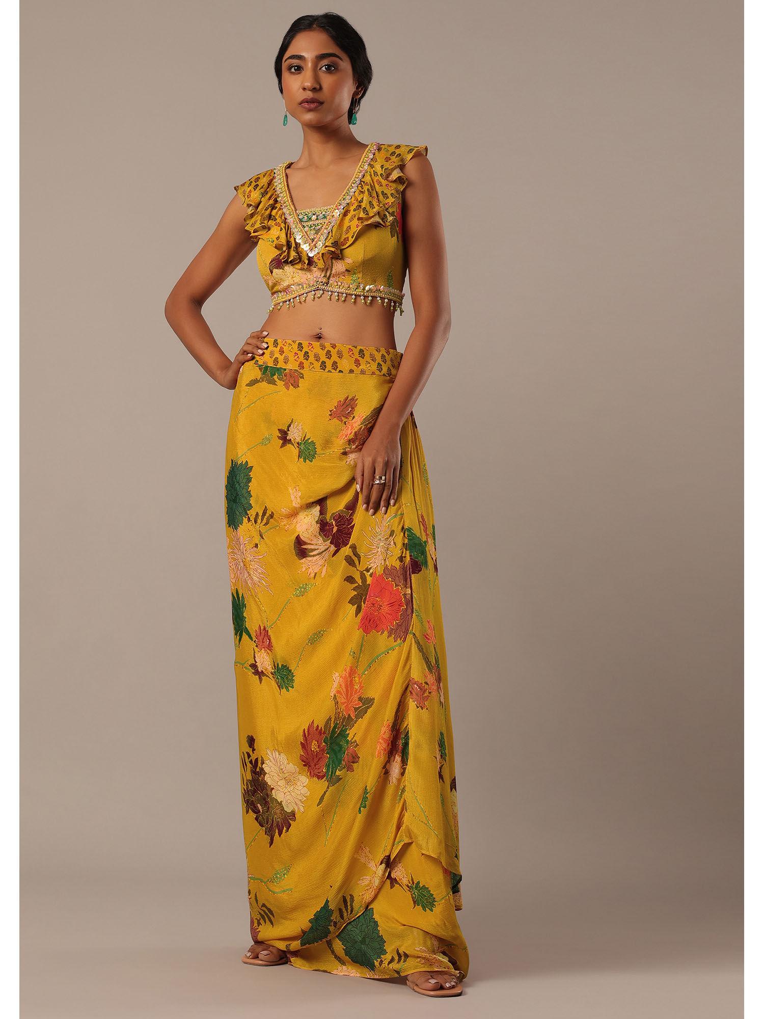 yellow sequin embellished blouse and printed dhoti (set of 2)