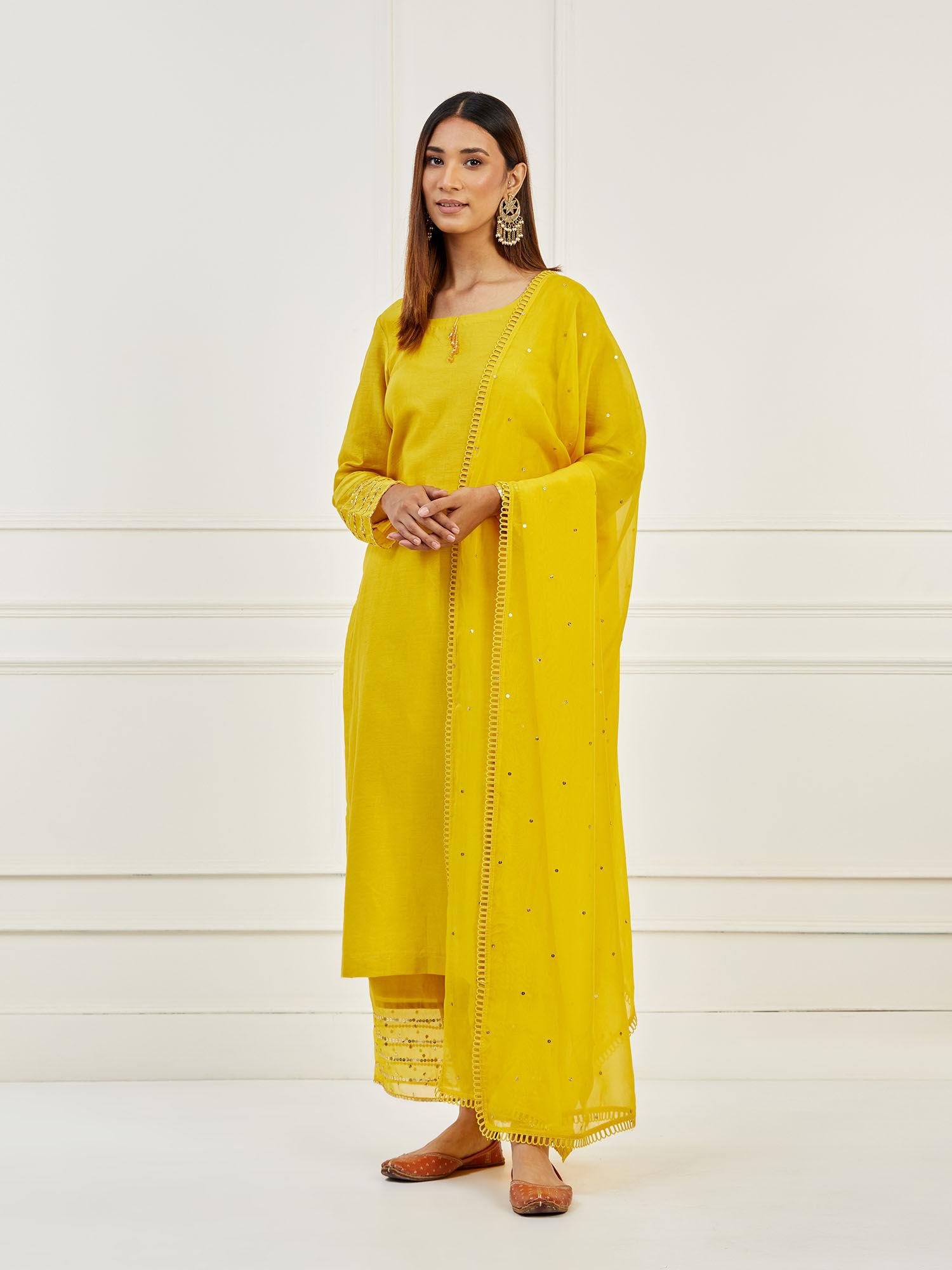 yellow sequined kurta with pants & dupatta (set of 3)