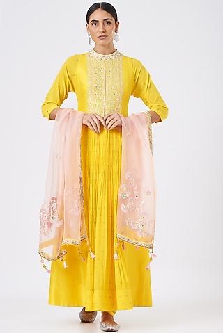 yellow sequins embroidered anarkali set