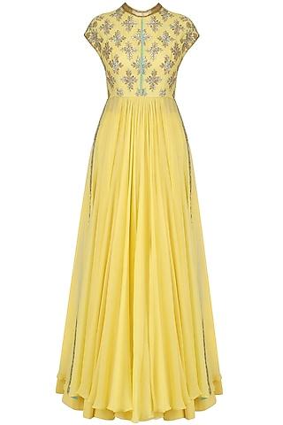 yellow sequins embroidered kalidaar anarkali and pants set