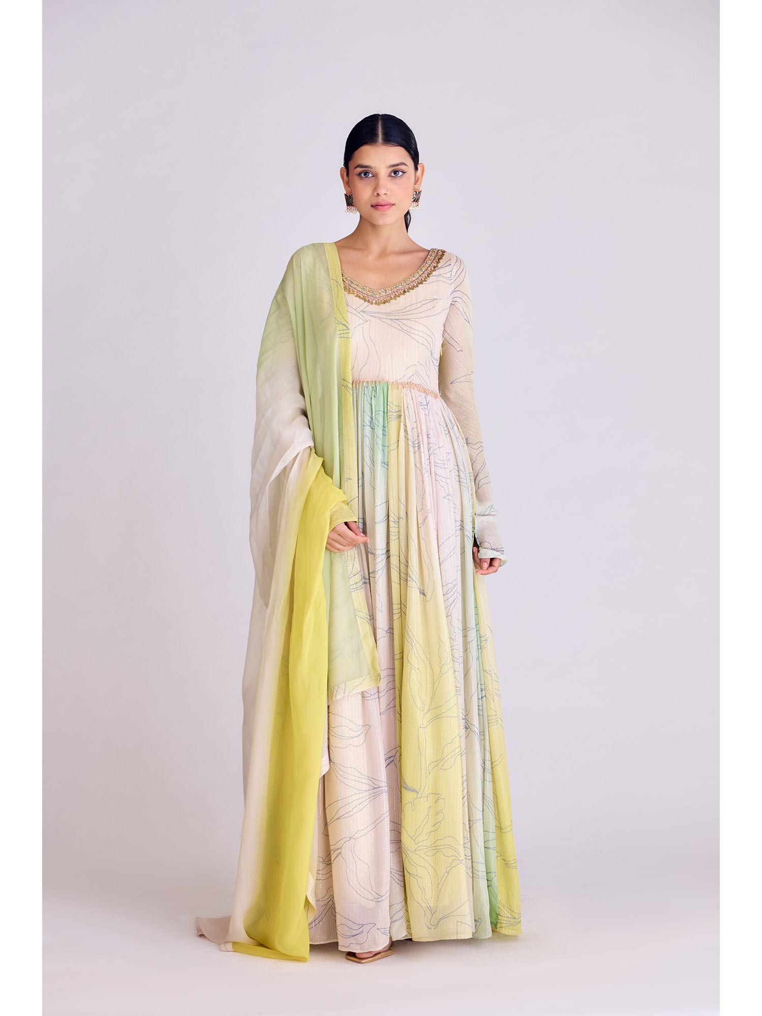 yellow sequins embroidered long anarkali kurta with dupatta (set of 2)