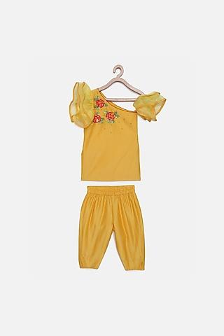 yellow sequins hand embroidered kurta set for girls