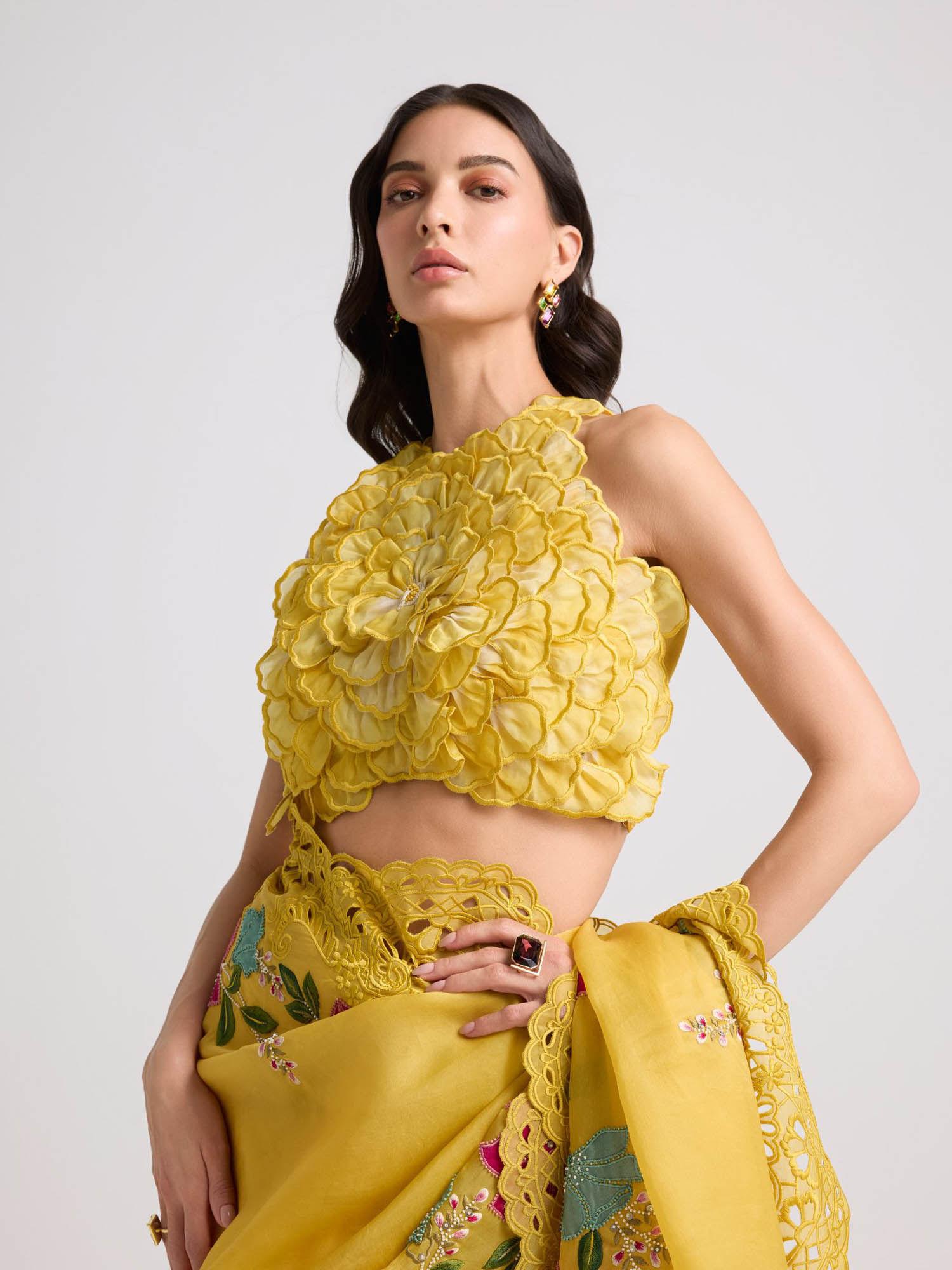 yellow shaded dahlia 3d applique crop top