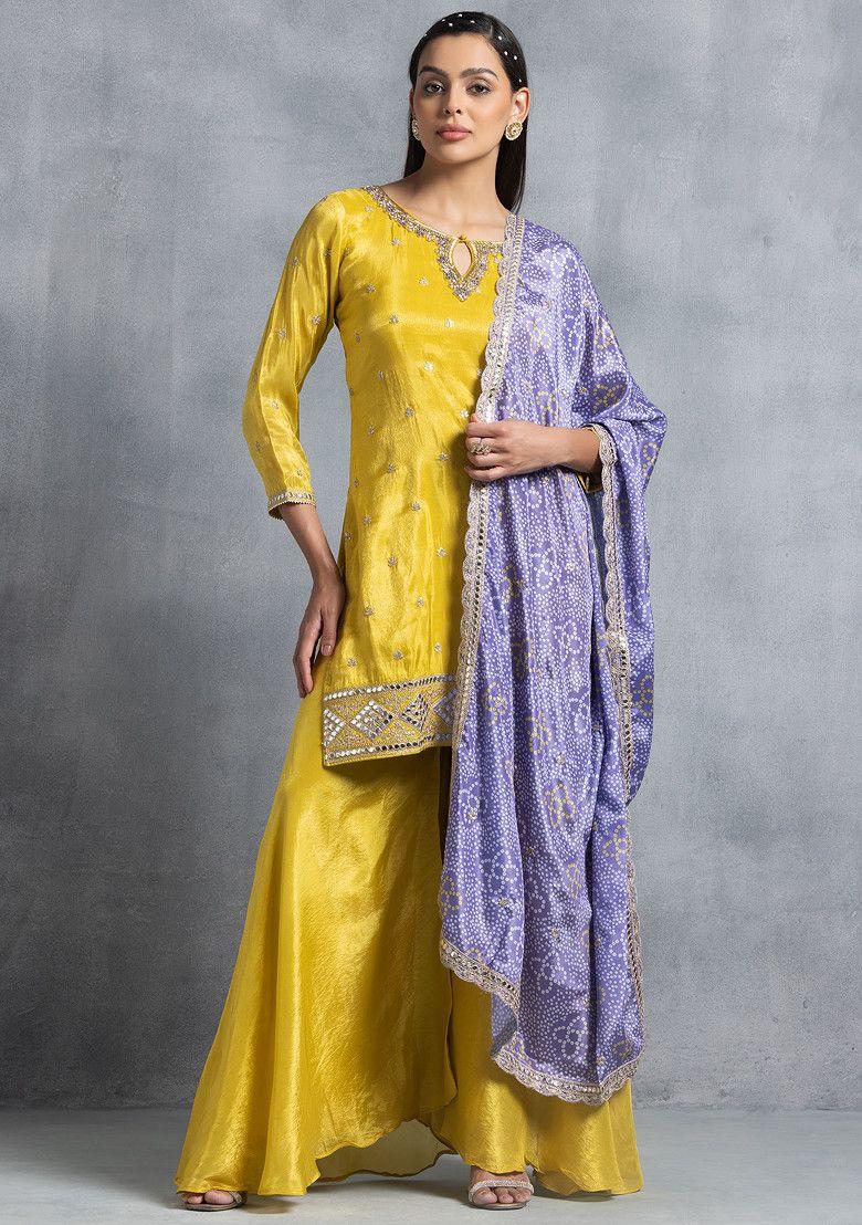 yellow sharara set with sequin hand embellished kurta and purple printed dupatta