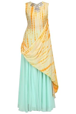 yellow shibori drape kurta and aqua sharara pants set