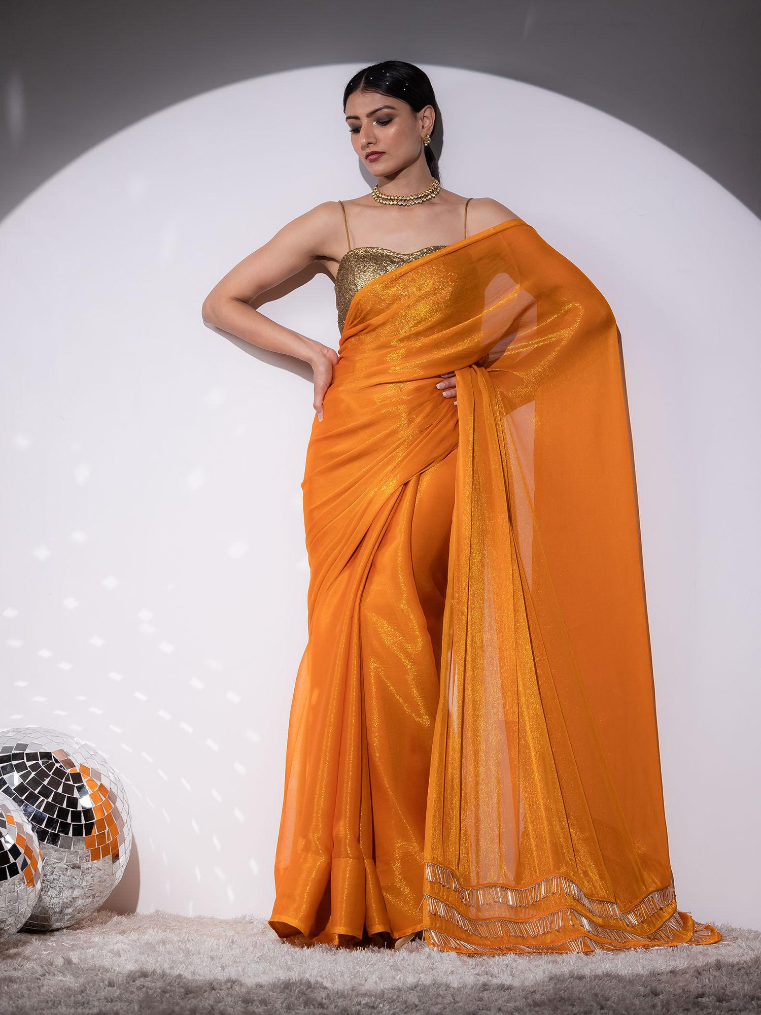 yellow shimmer and shine organza saree with lace