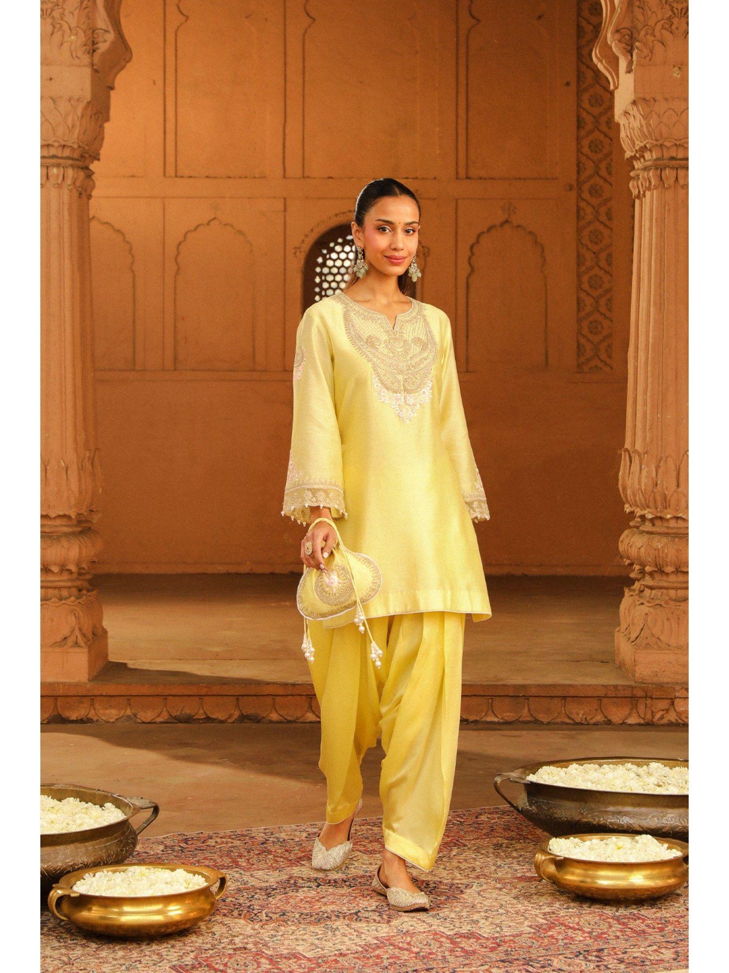 yellow short kurta with salwar (set of 2)