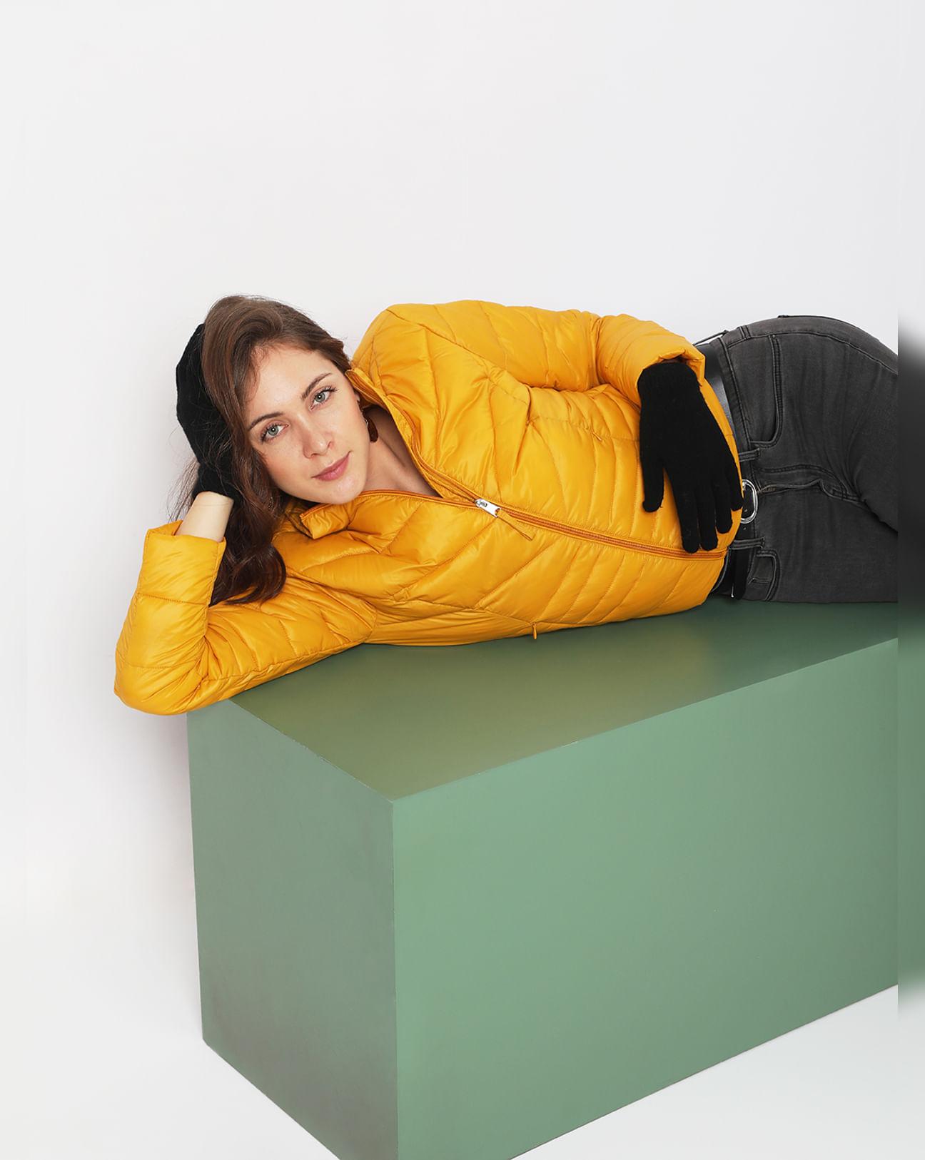 yellow short puffer jacket