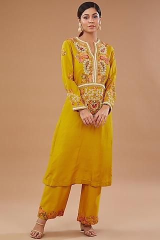 yellow silk & chanderi paisley embroidered kurta set