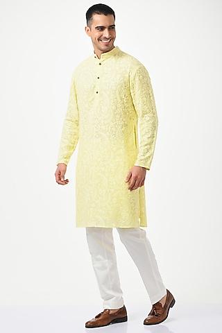 yellow silk & cotton chikankari kurta set