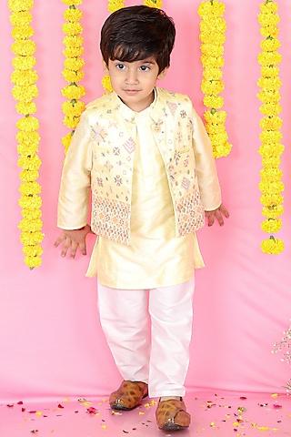 yellow silk & cotton silk embroidered jacket with kurta set for boys