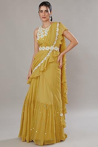 yellow silk & georgette hand embroidered lehenga saree set