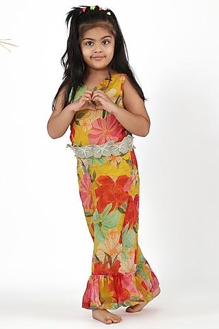 yellow silk & organza floral printed jumpsuit for girls