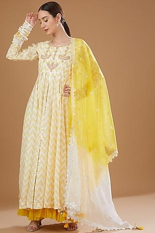 yellow silk & shantoon embroidered anarkali set