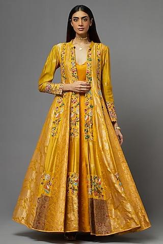 yellow silk anarkali with cape