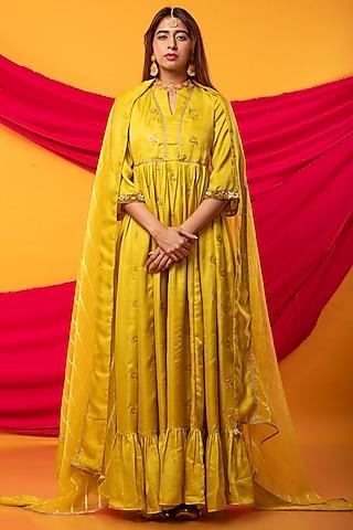 yellow silk blend embroidered anarkali set