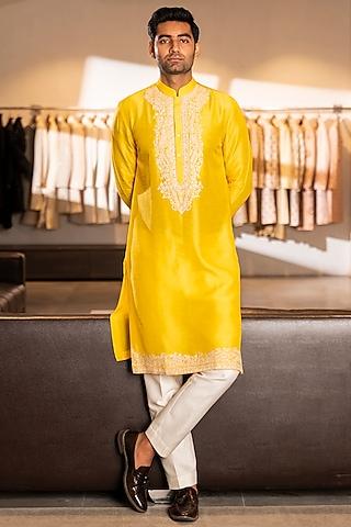 yellow silk blend embroidered kurta set