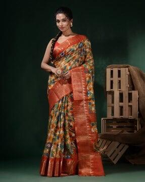 yellow silk blend handwoven soft saree with floral print saree