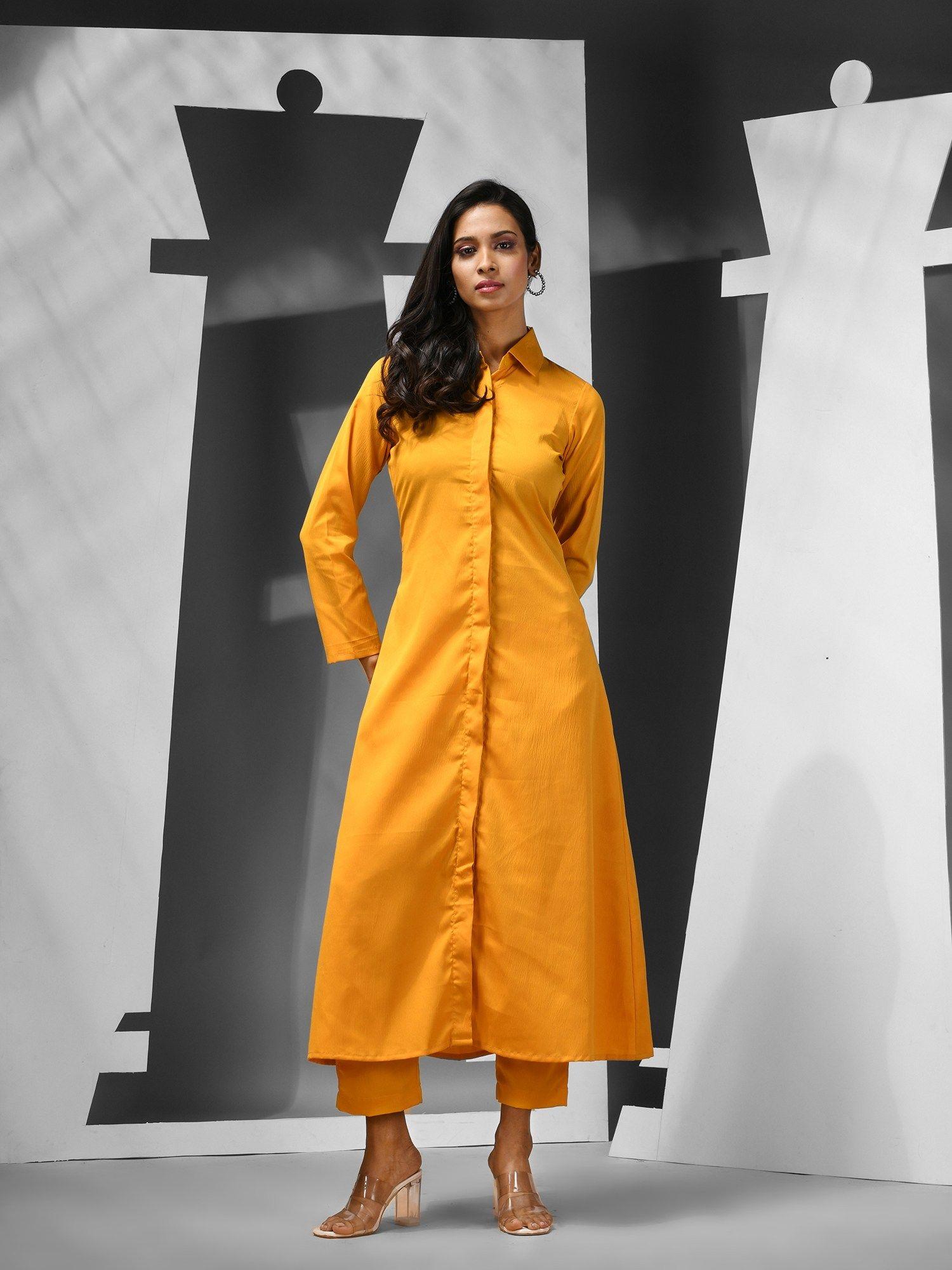 yellow silk blend solid kurta with pant (set of 2)