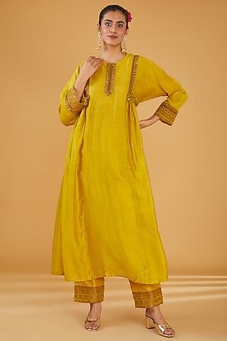 yellow silk blend zari embroidered kurta set