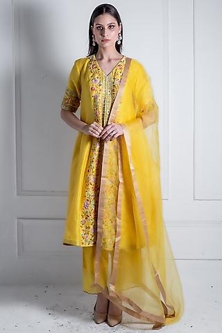 yellow silk chanderi & organza embroidered a-line kurta set