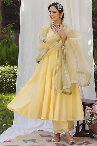 yellow silk chanderi anarkali set