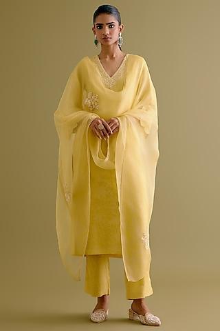 yellow silk chanderi dori embroidered & printed kurta set