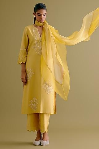 yellow silk chanderi dori embroidered kurta set