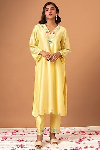 yellow silk chanderi embroidered kurta set