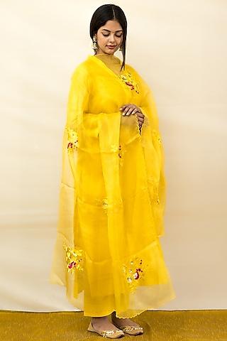 yellow silk chanderi embroidered kurta set