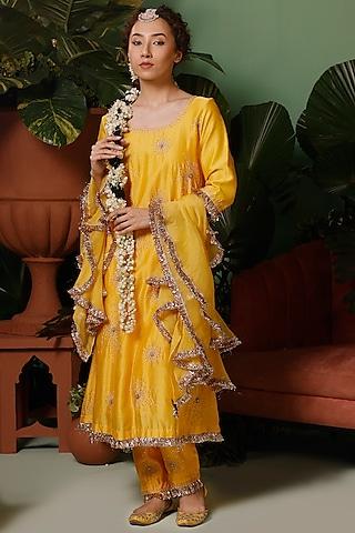 yellow silk chanderi hand embellished a-line kurta set