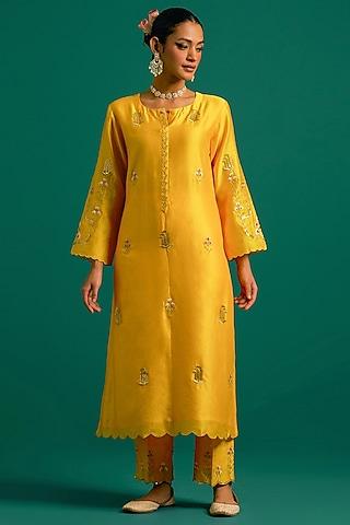 yellow silk chanderi hand embroidered kurta set