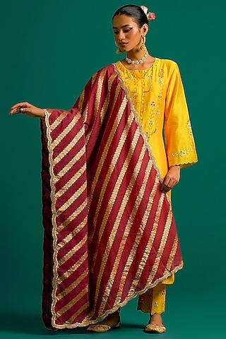 yellow silk chanderi hand embroidered kurta set