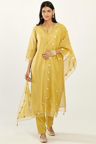 yellow silk chanderi printed kurta set