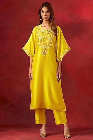 yellow silk chanderi resham embroidered kurta set