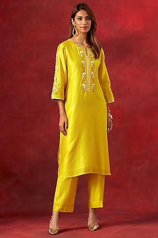 yellow silk chanderi resham embroidered kurta set