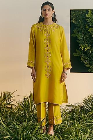 yellow silk chanderi thread embroidered straight kurta set